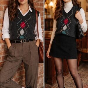 Adam Sloane Vintage V Neck Sweater Vest Mohair Wool Blend Argyle 80s VTG